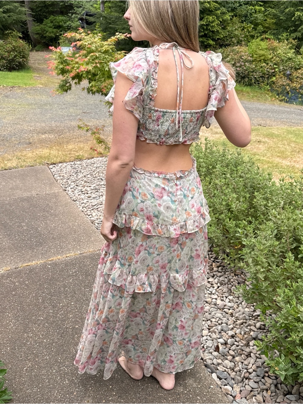 ASTR The label Mable Floral Ruffle Tiered Maxi Dress Pastel Pink/Green M - Picture 3 of 4
